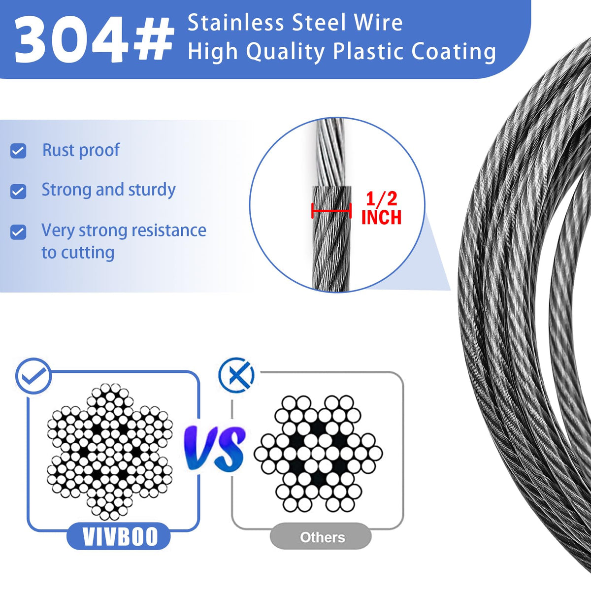 VIVBOO vinyl-covered cable protects against rust and scratches outdoors.