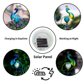 Viveta metal peacock light auto-on system saves energy while lighting walkways.