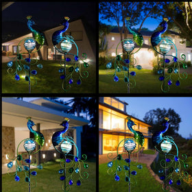 Viveta garden stake peacock shines at night for welcoming outdoor ambiance.