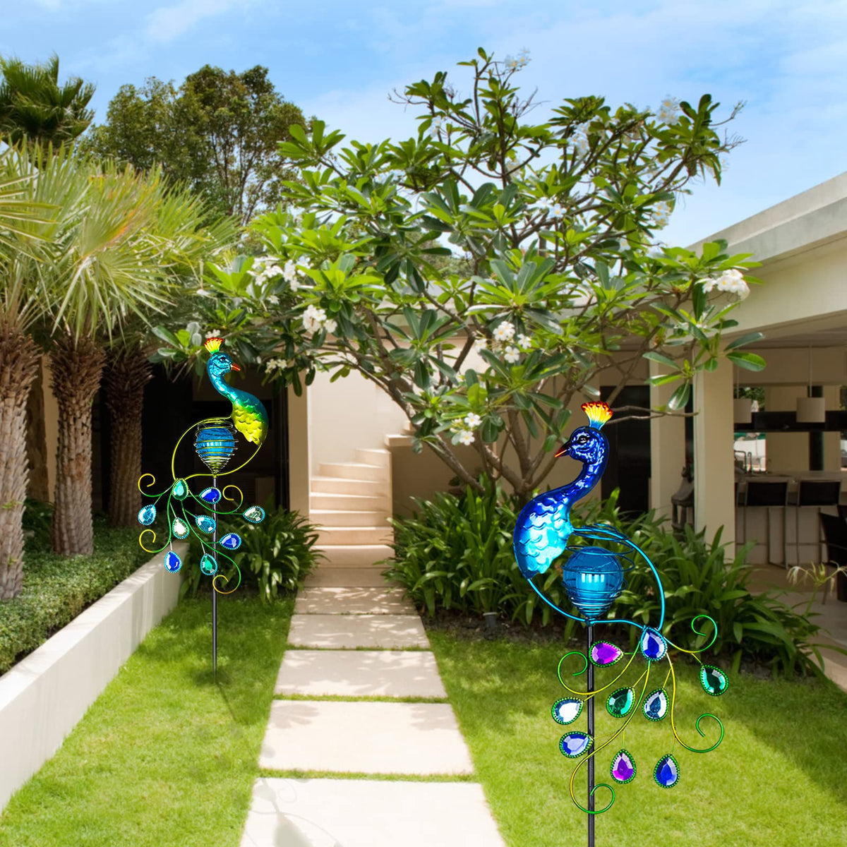 Viveta two-pack peacock yard lights line pathways and borders with soft glow.