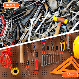 Vivicreate organized garage storage space maximizes vertical wall use and neatness.