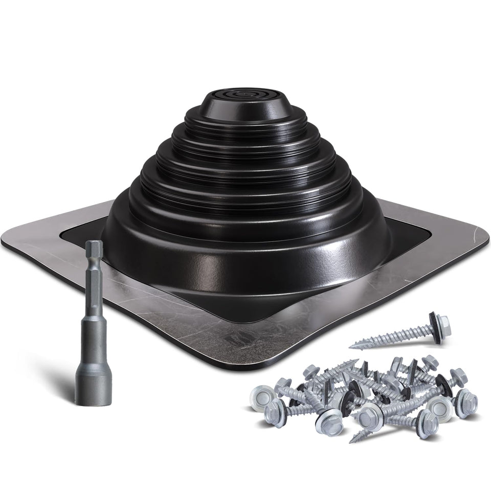 VIVIDA 3 square pipe flashing on roof seals around corrugated metal for leak prevention.