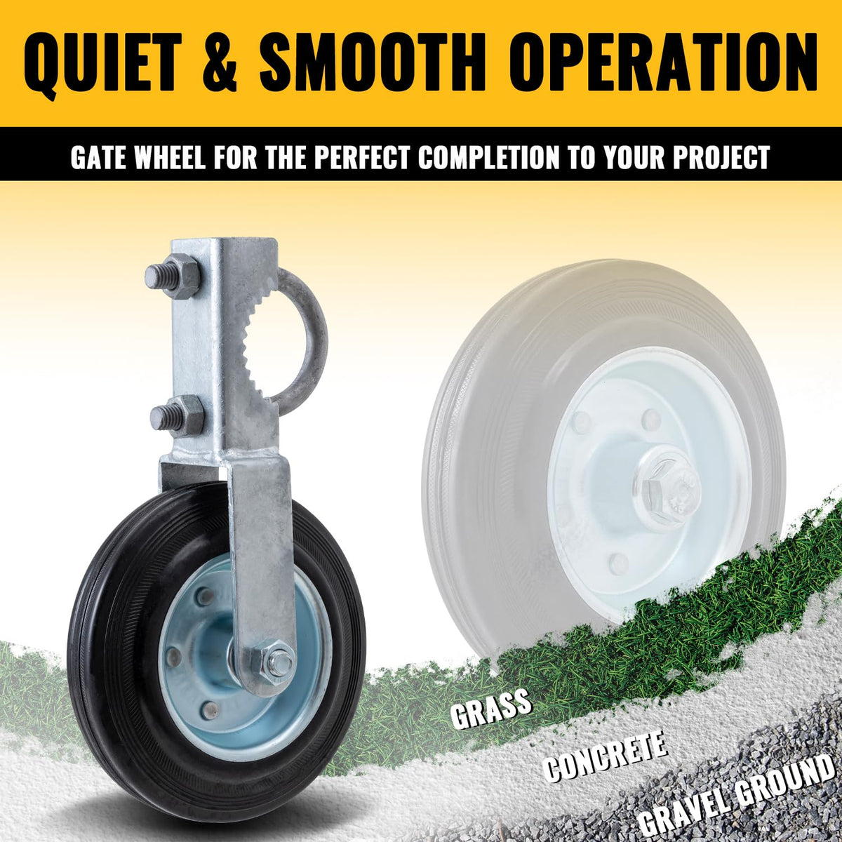 Wide 6-inch wheel of VIVIDA gate wheel on varied surfaces