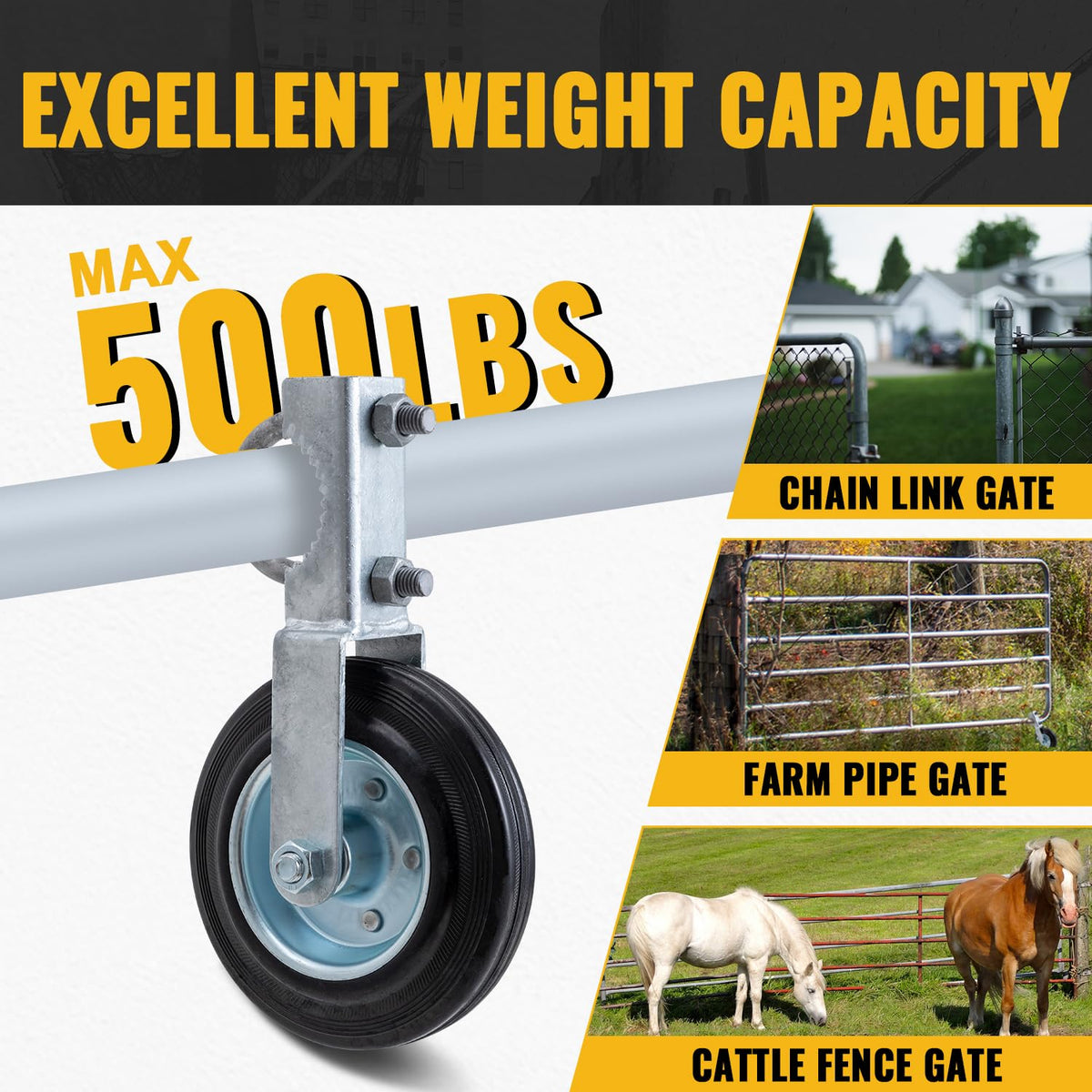 Solid rubber tire on VIVIDA gate wheel for smooth outdoor use