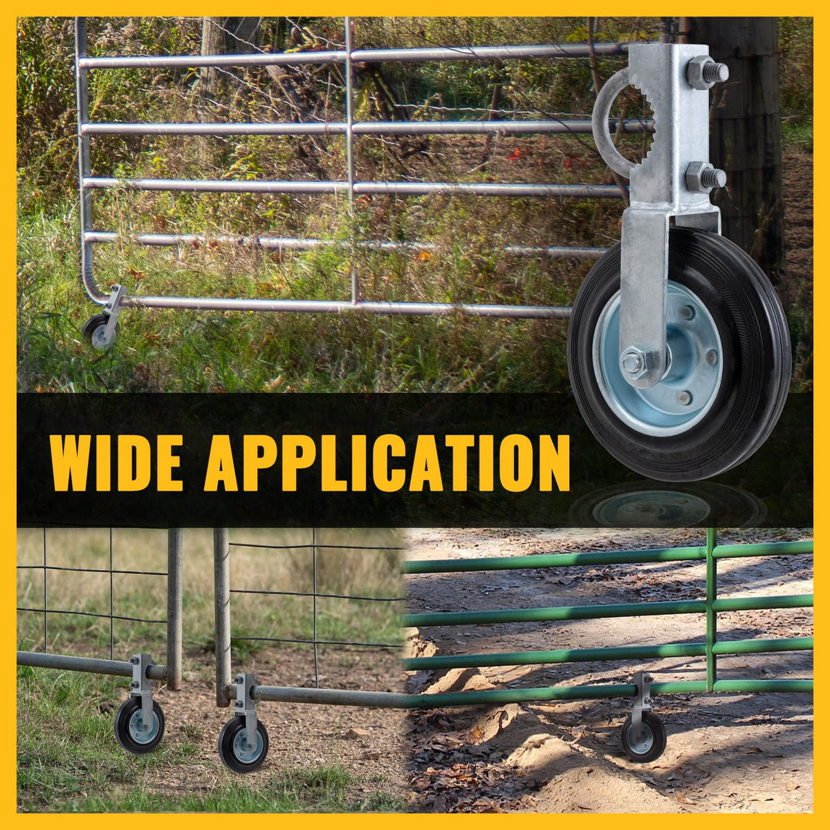 VIVIDA gate wheel with adjustable U-bolt secures metal frame