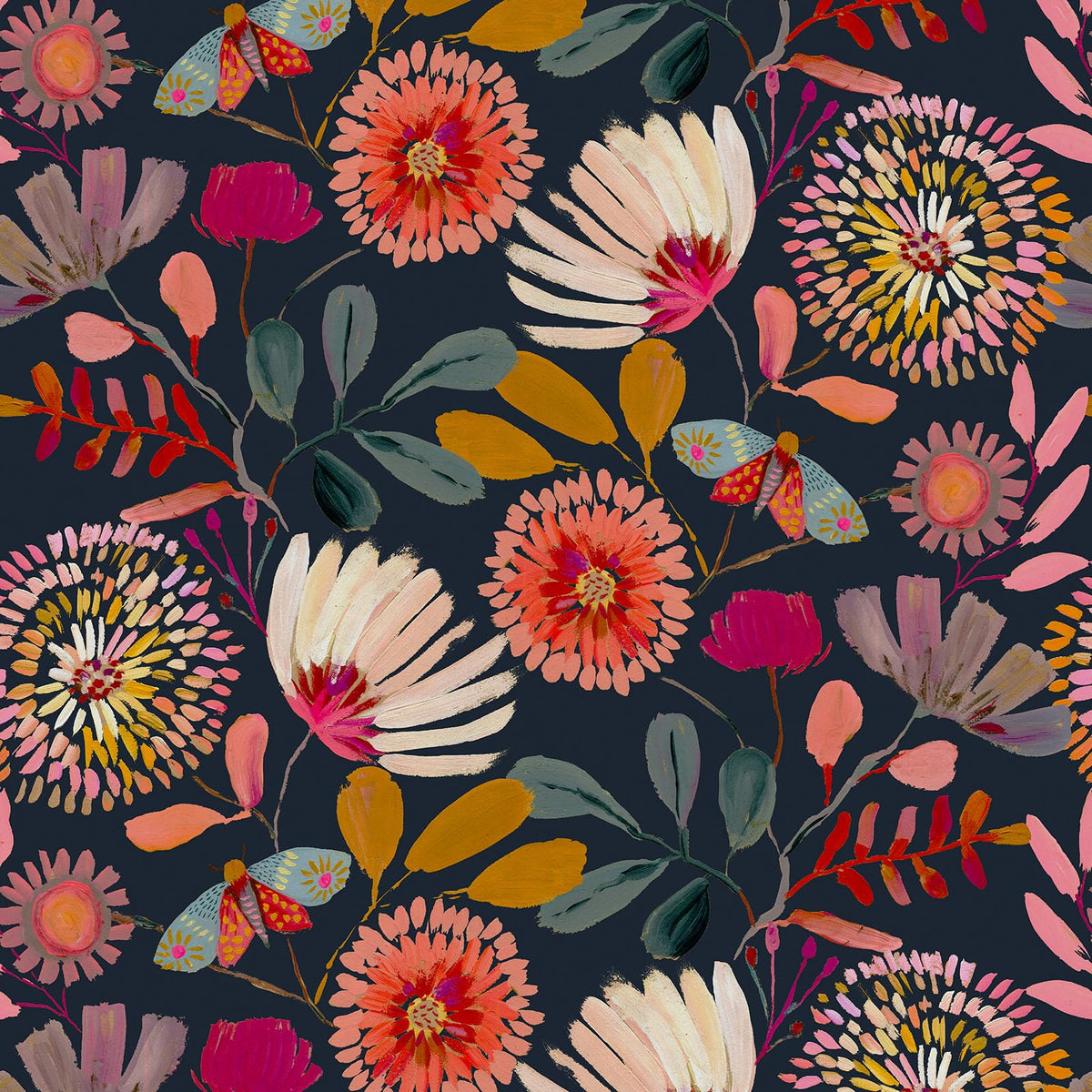 Vividpatch floral wallpaper closeup navy pink orange for bold accent walls
