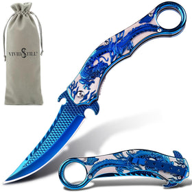 Vividstill pocket knife with a 3D dragon relief for grip-friendly, eye-catching design