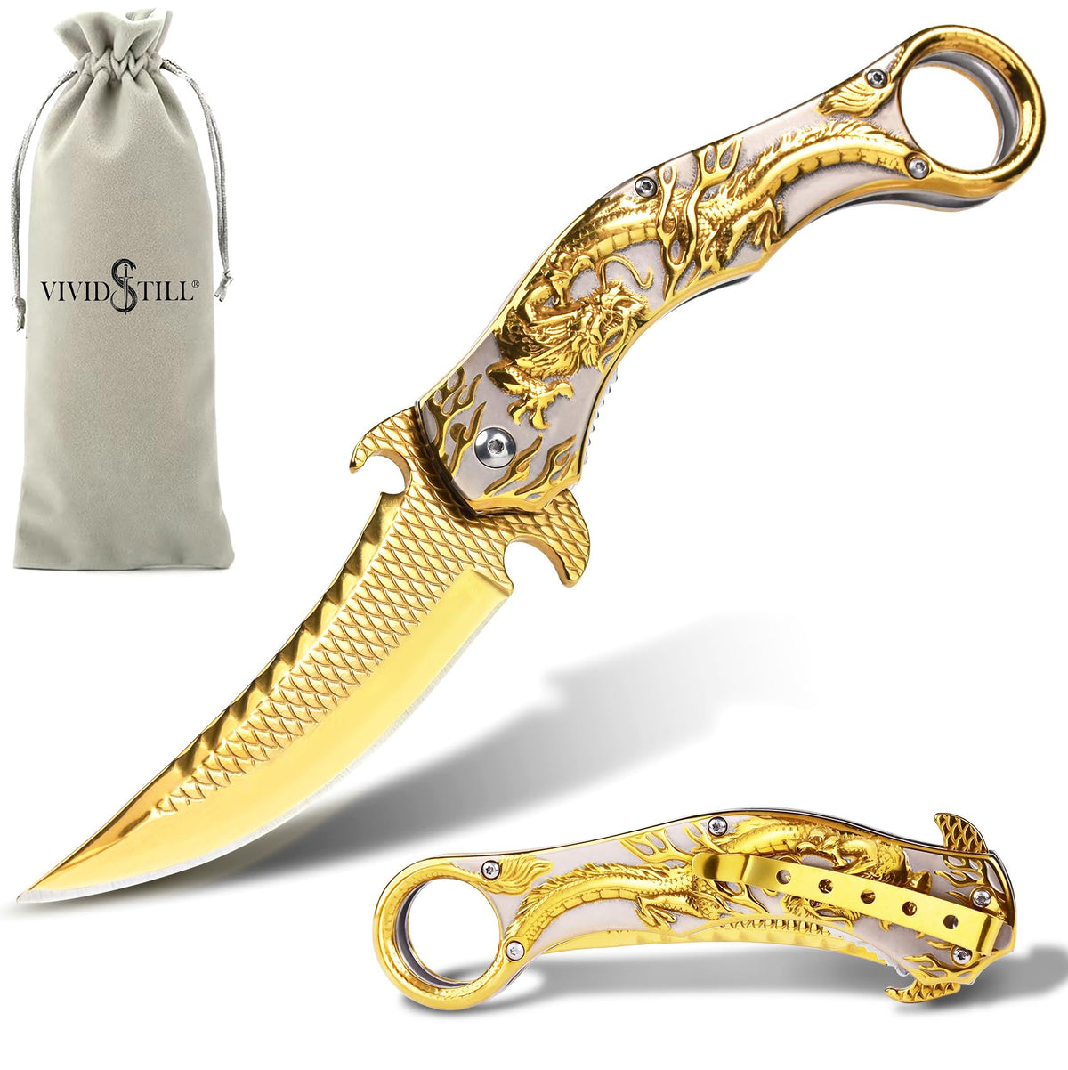 Vividstill pocket knife with titanium-plated handle for durable, smooth grip.
