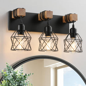 Vivihobb farmhouse vanity light with black metal cage over mirror for bathroom ambiance