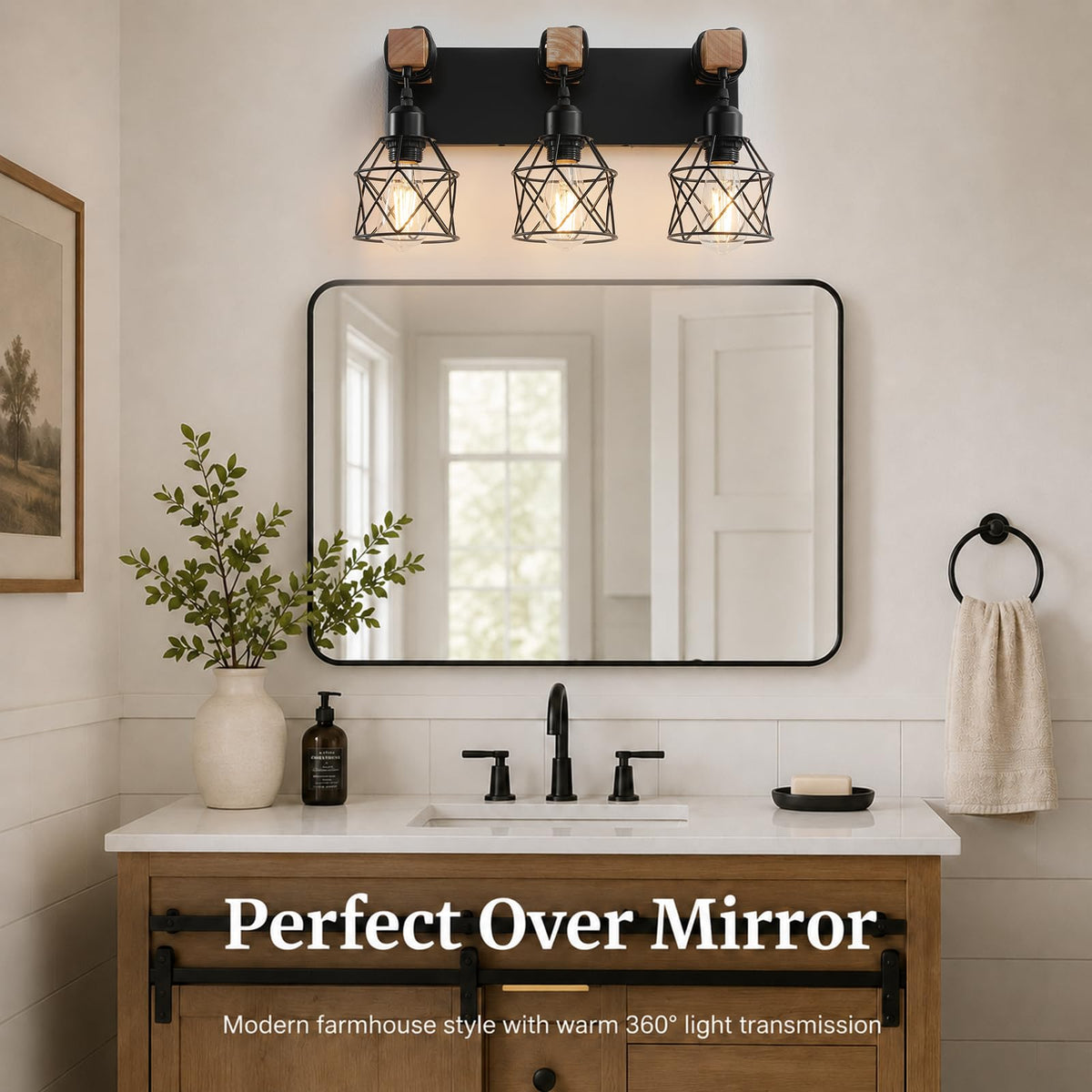 Vivihobb wood and metal wall light in rustic design above sink