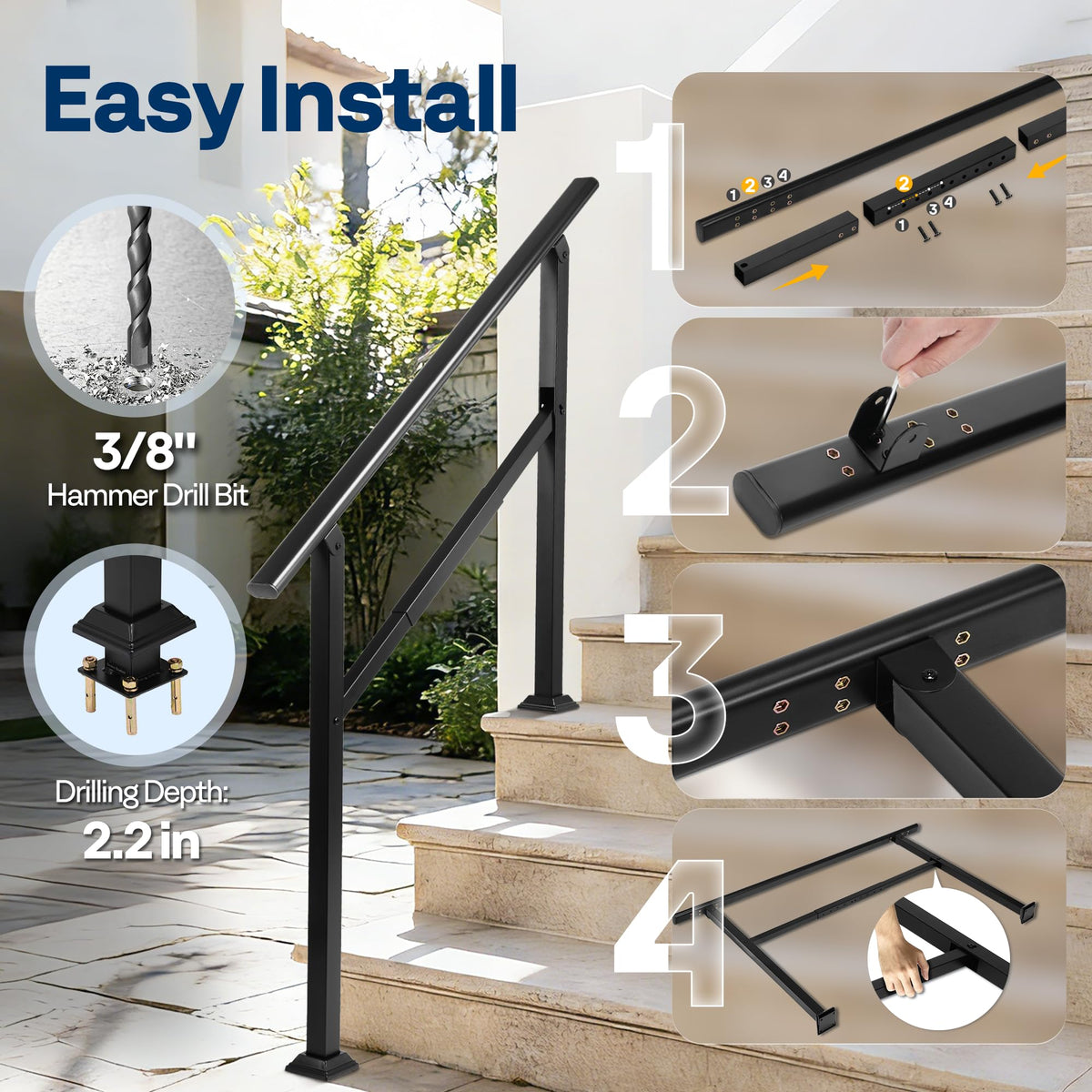 VIVOHOME 4-step rail with adjustable height for varied stairs.
