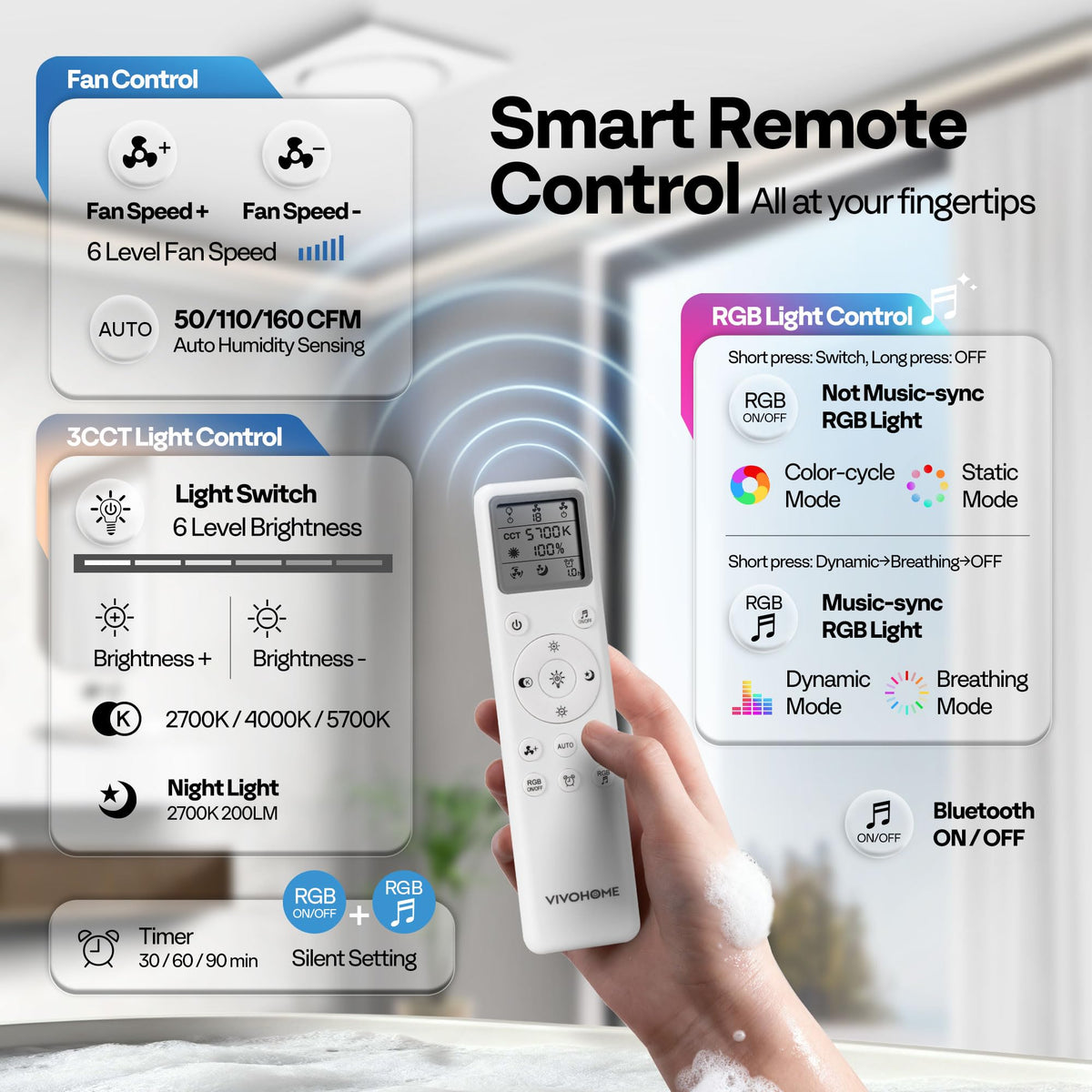 VIVOHOME tri-color lighting with 2700K night light for safe after dark.