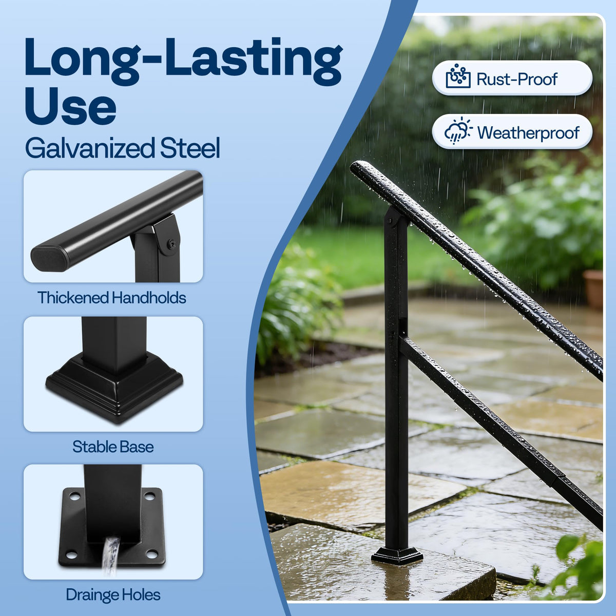 VIVOHOME galvanized steel railing shows rust-resistant outdoor durability.