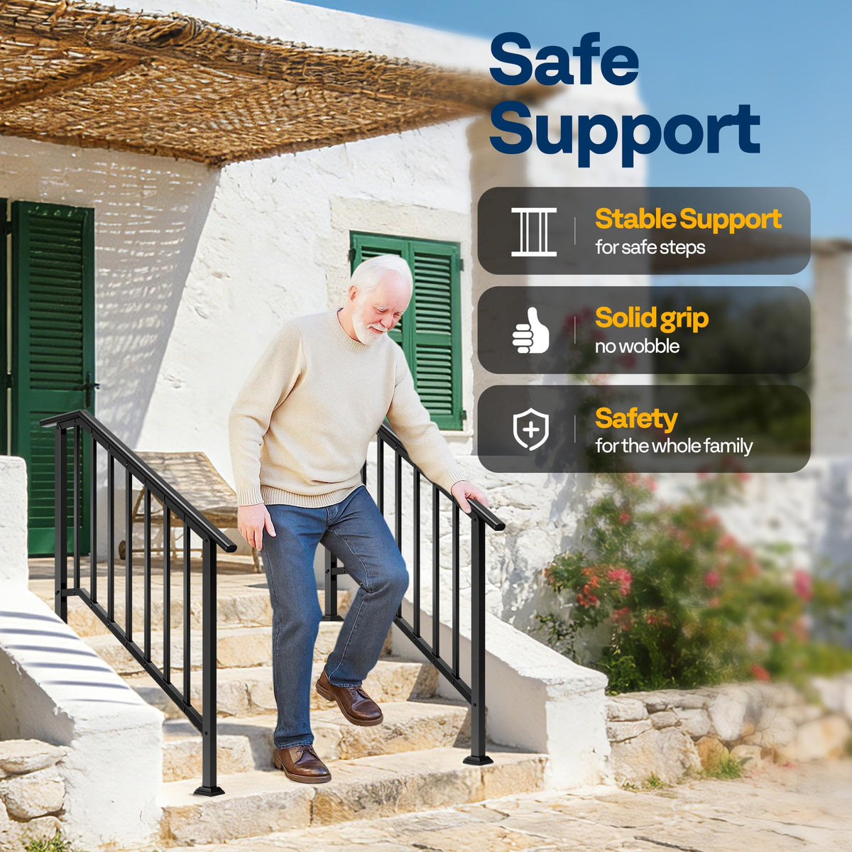 VIVOHOME black oval rails for indoor and outdoor stairs.