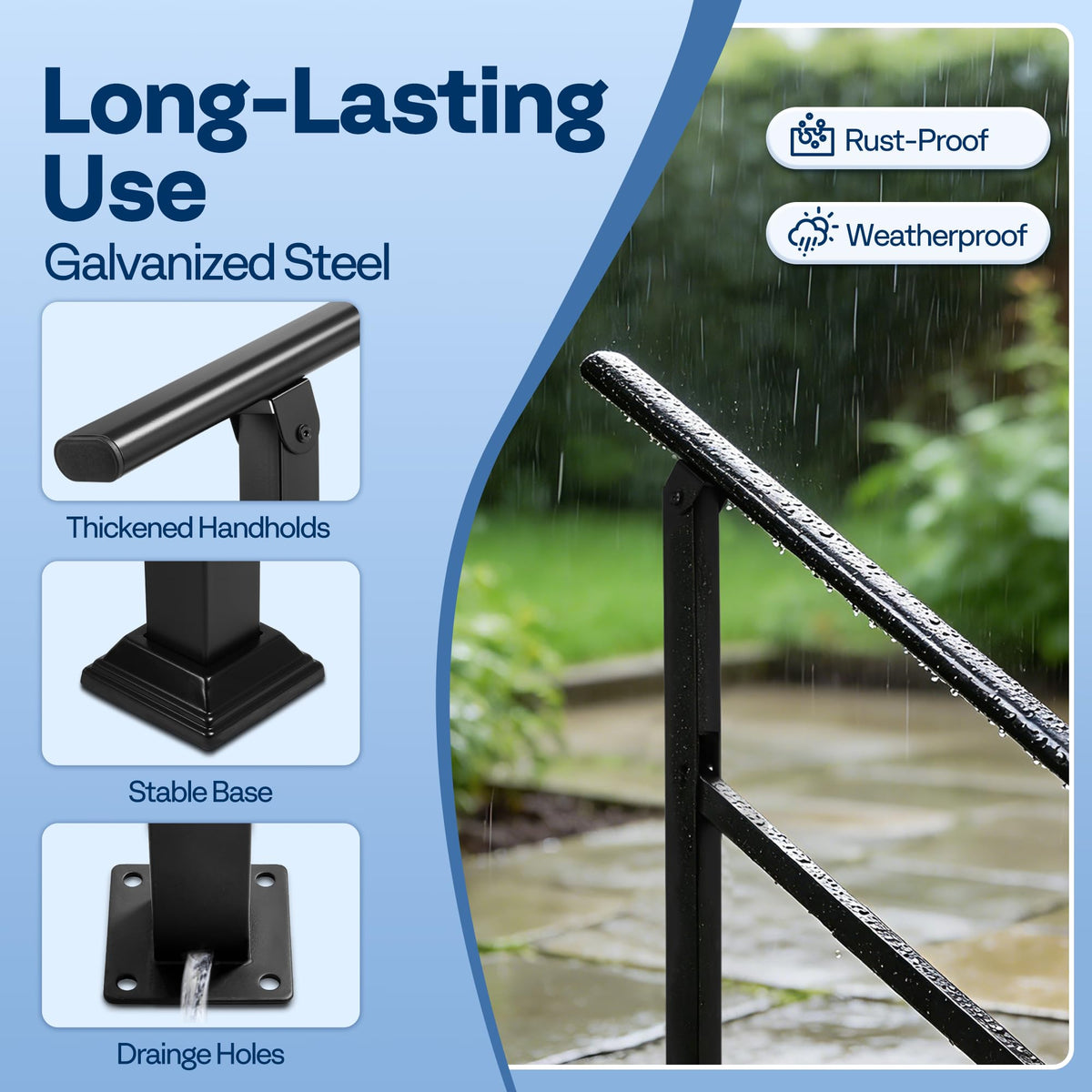 Installation kit included for quick DIY mounting on wood, concrete, or brick steps