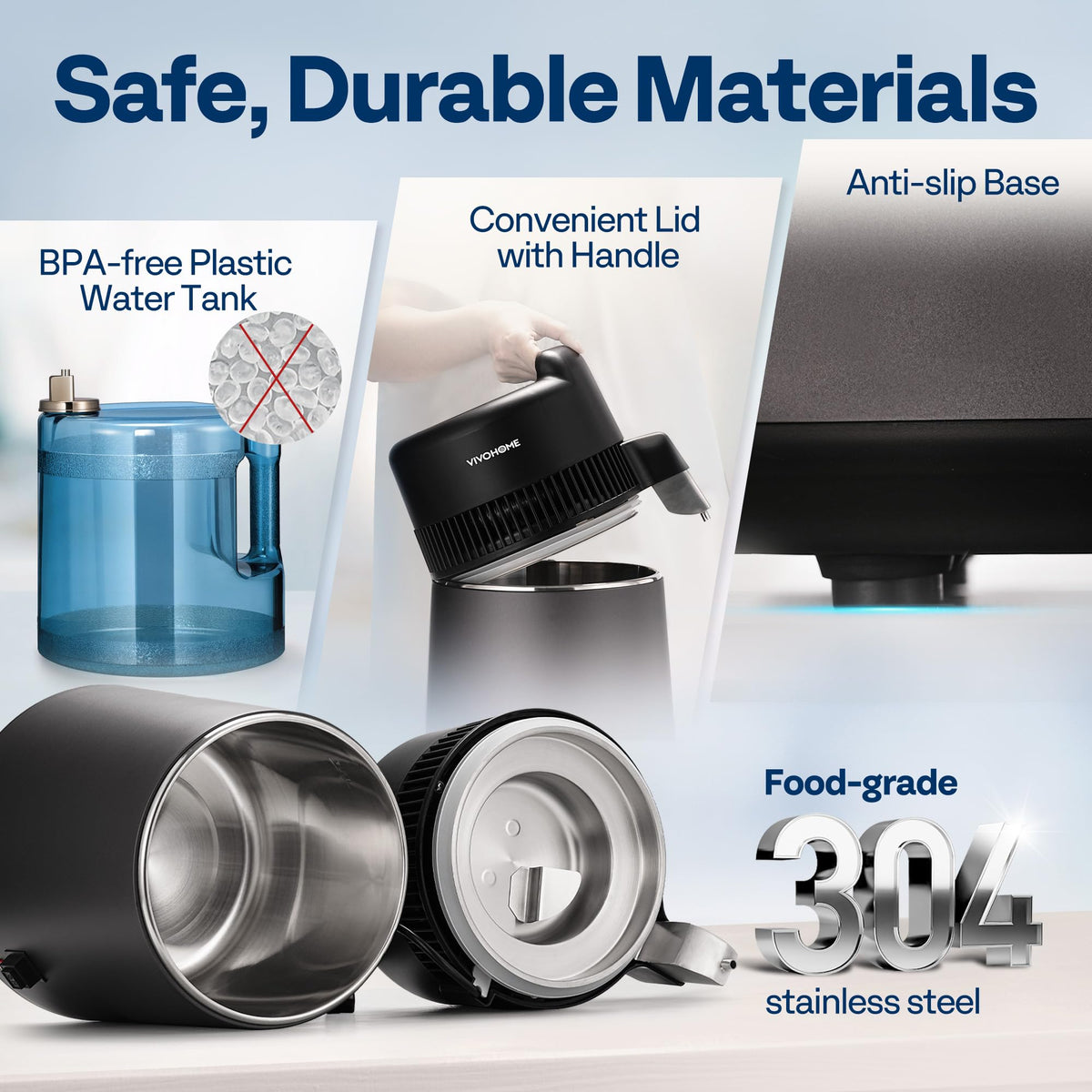 VIVOHOME distiller inner view highlighting durable 304 stainless construction.
