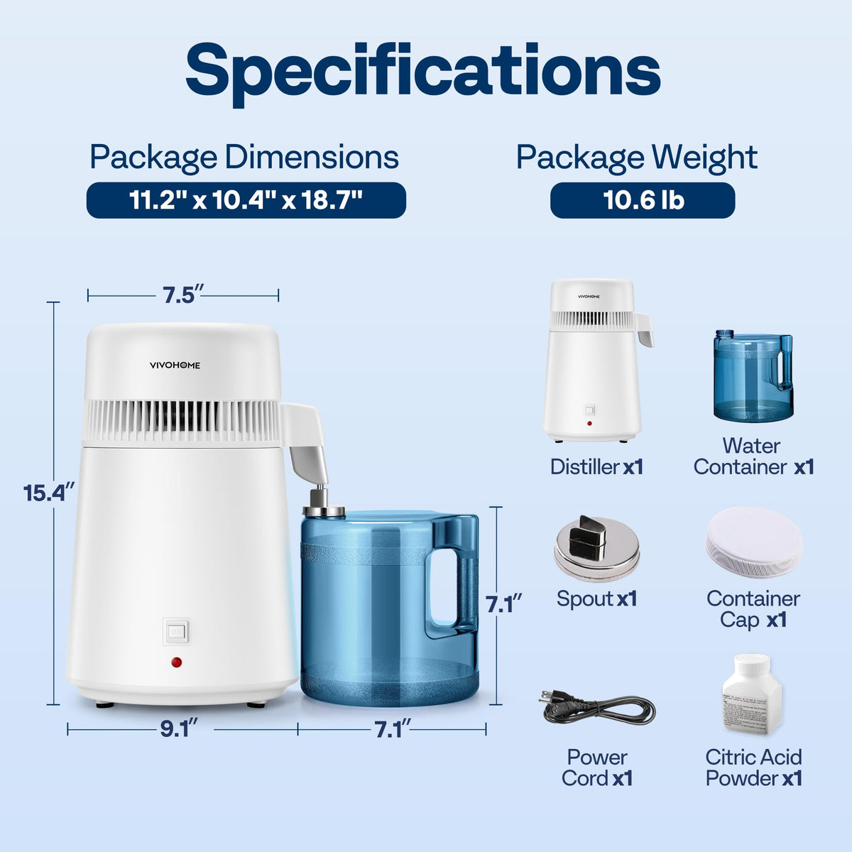 VIVOHOME water distiller safety features image shows auto shut-off design.