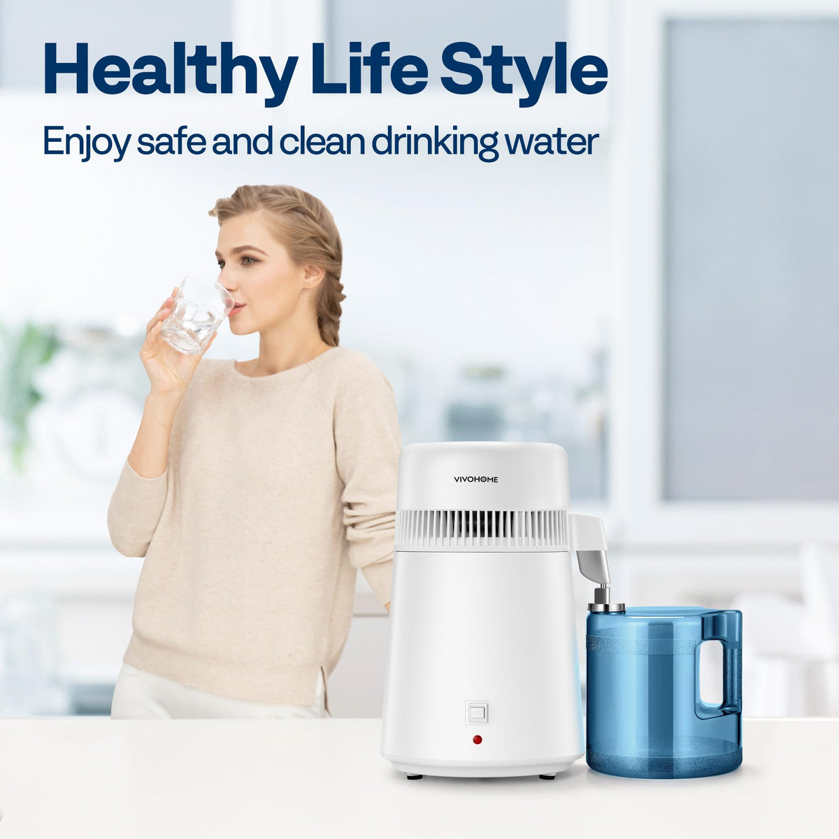 VIVOHOME water distiller smart-switch close-up emphasizes safety and convenience.