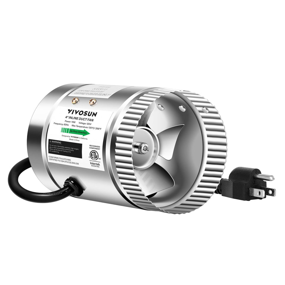VIVOSUN 4-inch inline duct fan front view showing compact, durable ventilation.