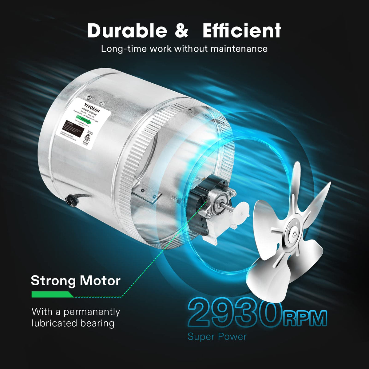 VIVOSUN 4-inch inline duct fan side profile highlighting low-noise performance.