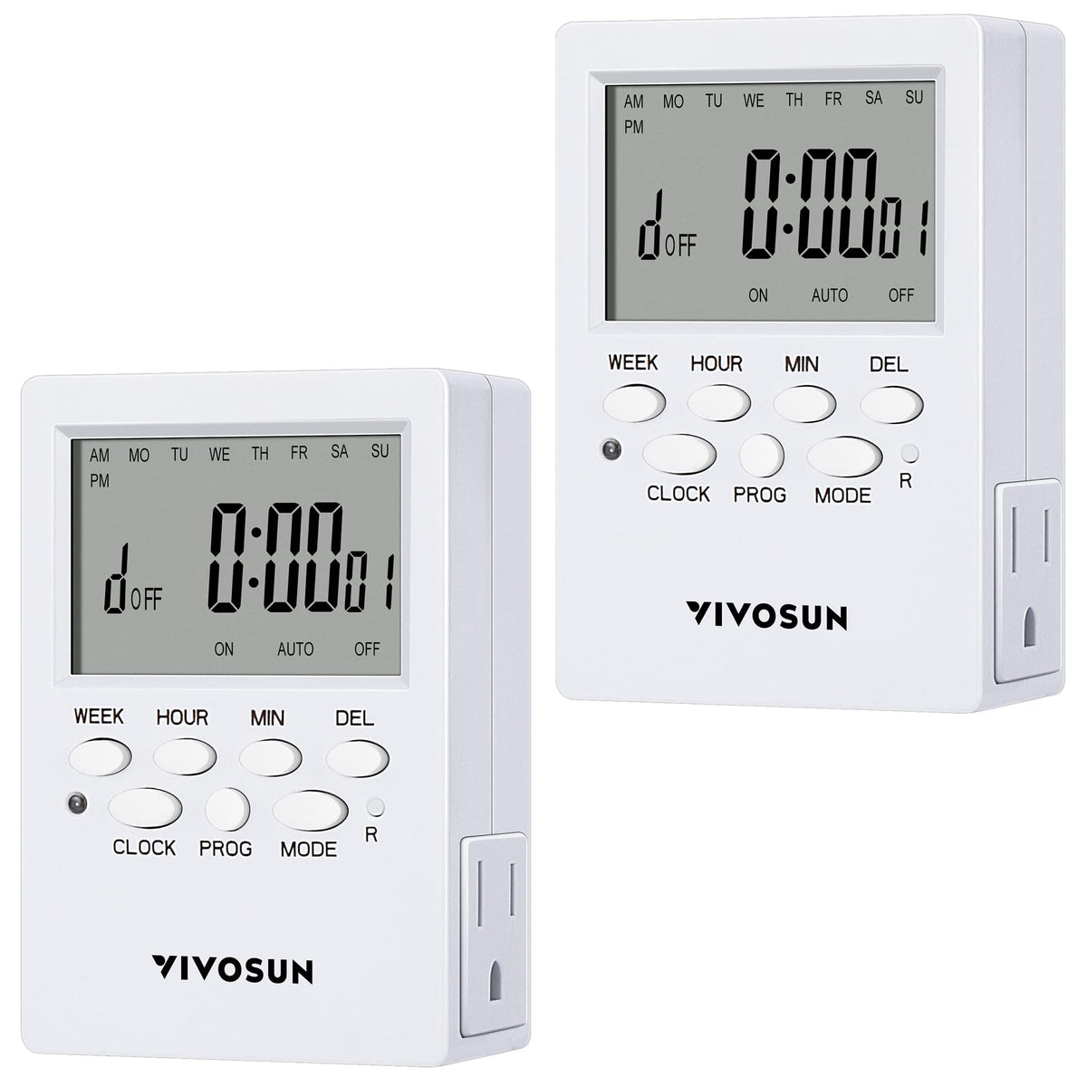 VIVOSUN 7 Day timer with dual outlets, front view showing two sockets