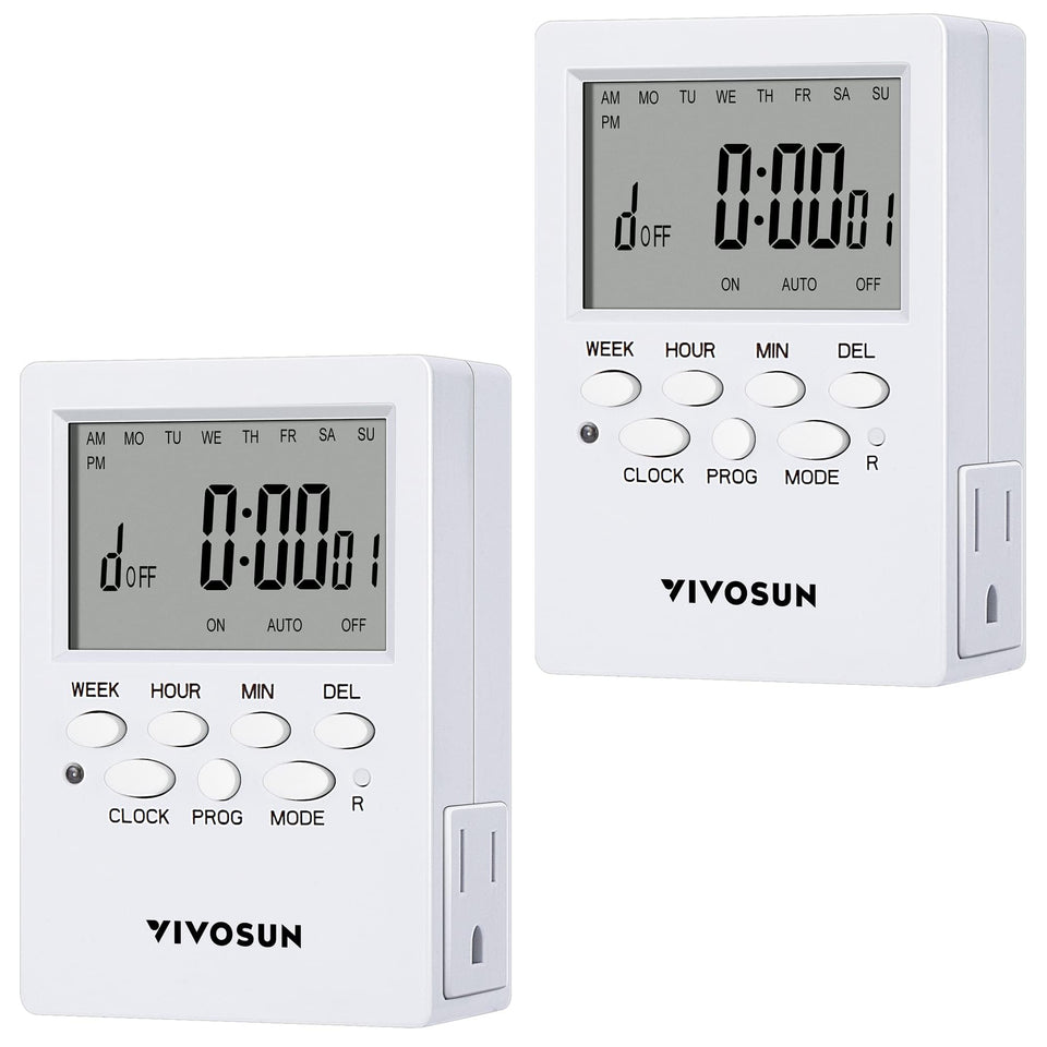 VIVOSUN 7 Day timer with dual outlets, front view showing two sockets
