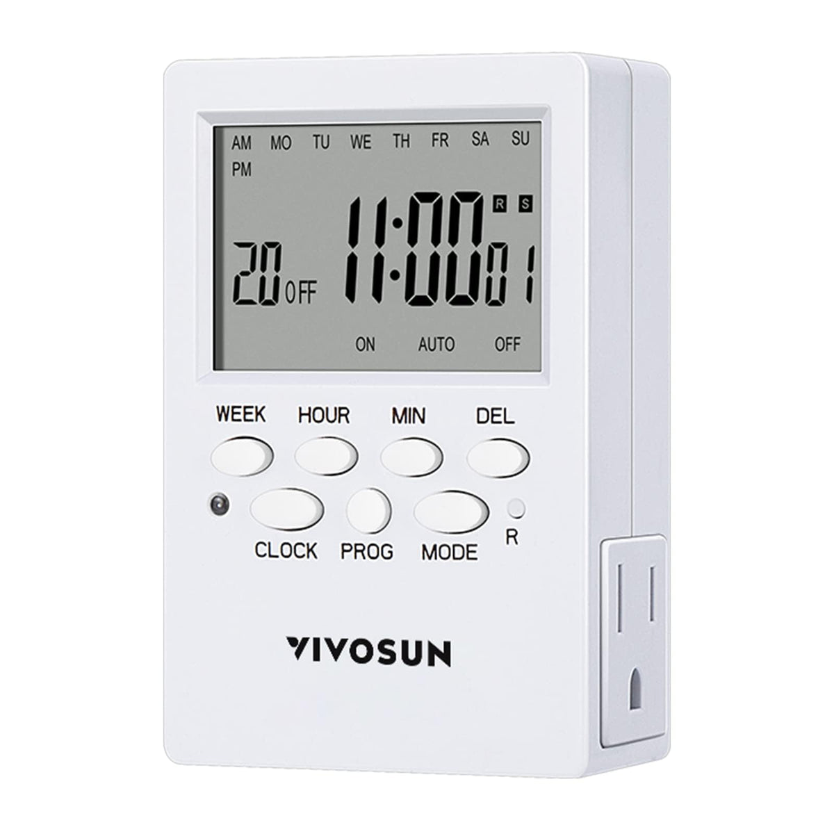 VIVOSUN digital timer outlet with 7-day scheduling for reliable automation.