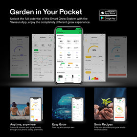 Smart grow recipes interface guides stage-based lighting and airflow adjustments.