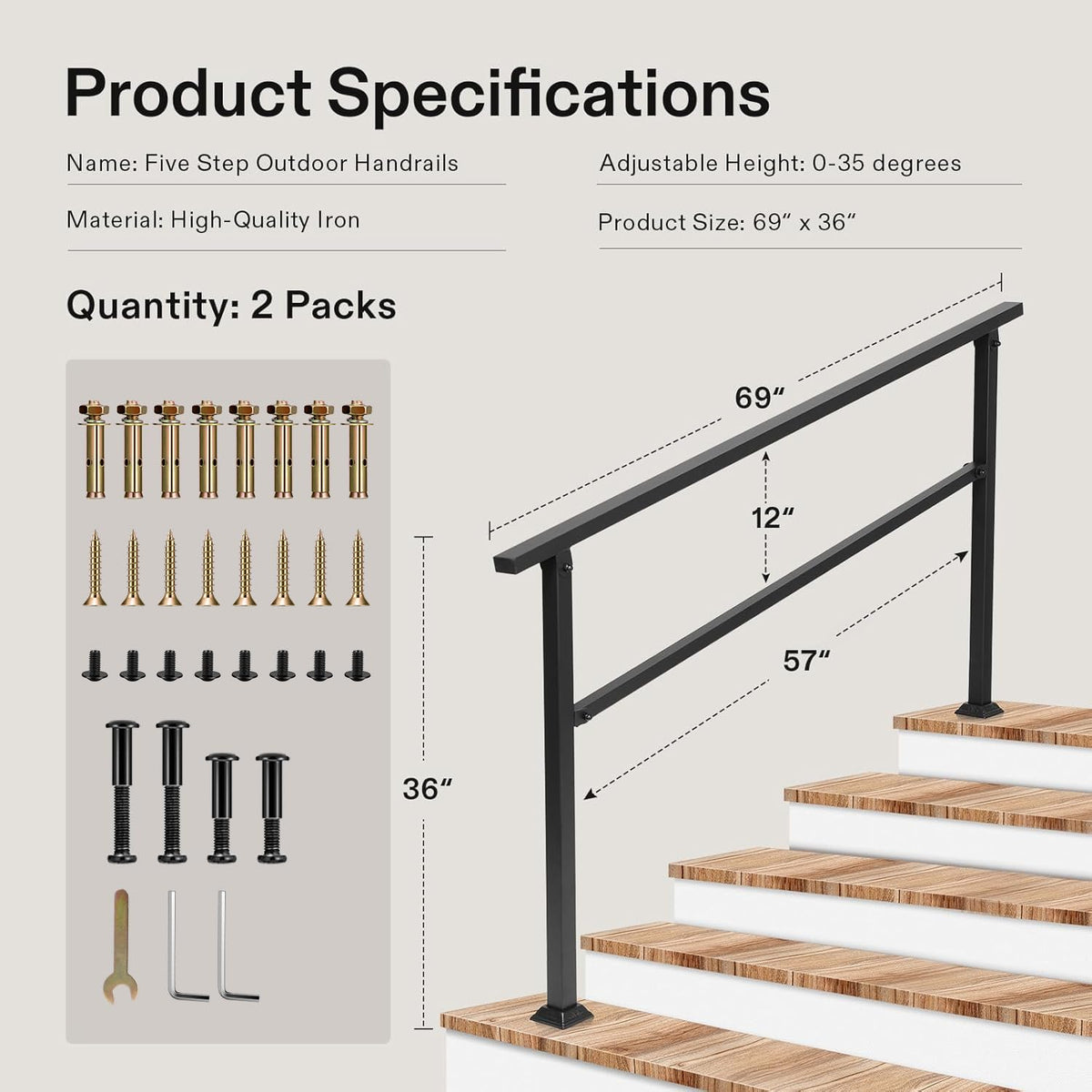VIVOSUN handrail with black finish on concrete steps withstands weather.