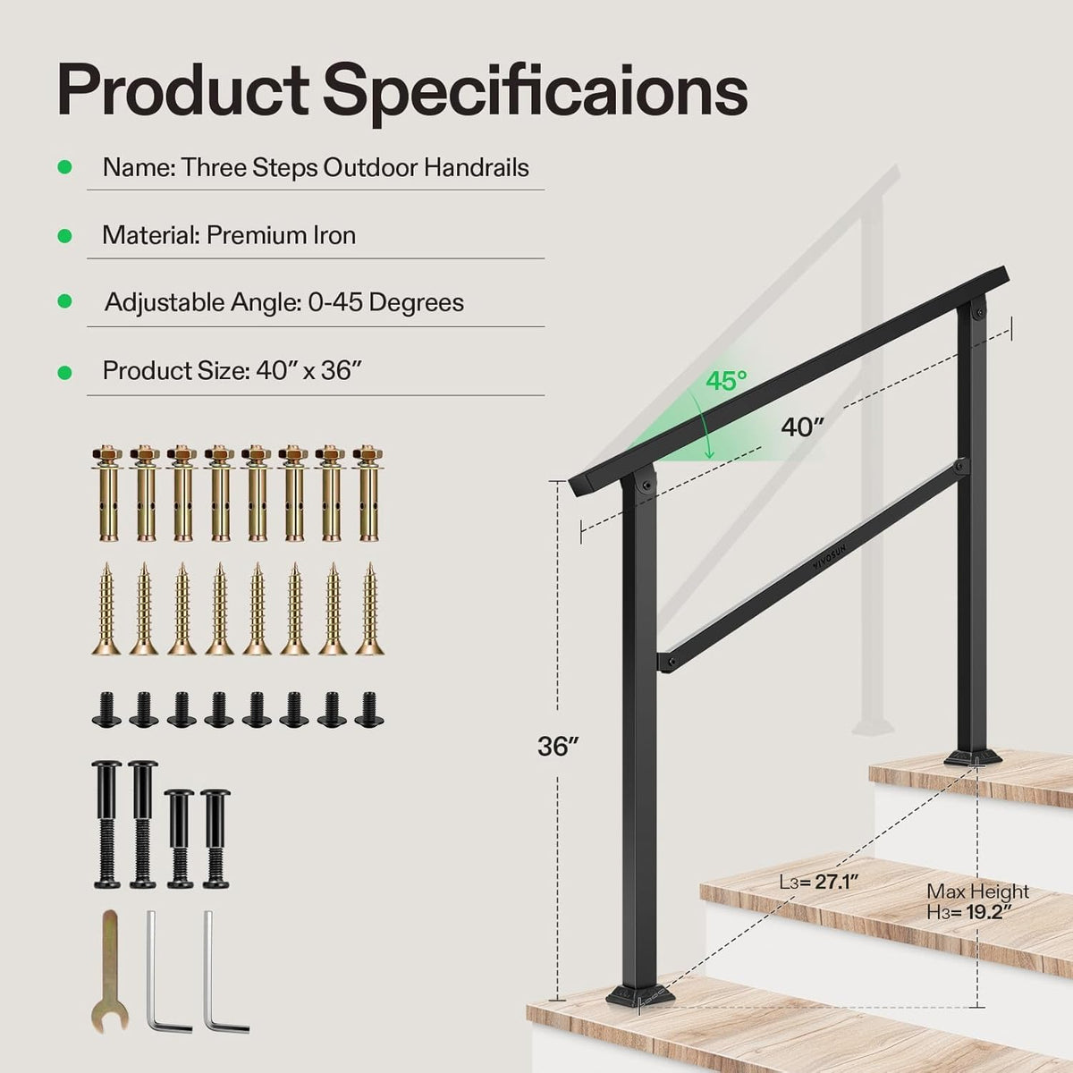 VIVOSUN adjustable-height handrail enabling custom fit for stair heights