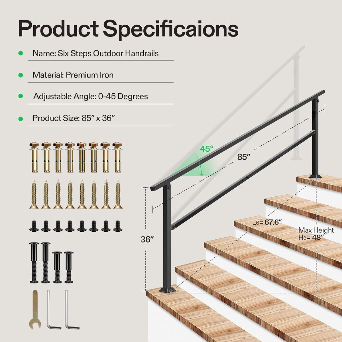 VIVOSUN adjustable-height handrail adapts to 0–35 degree rises for different steps