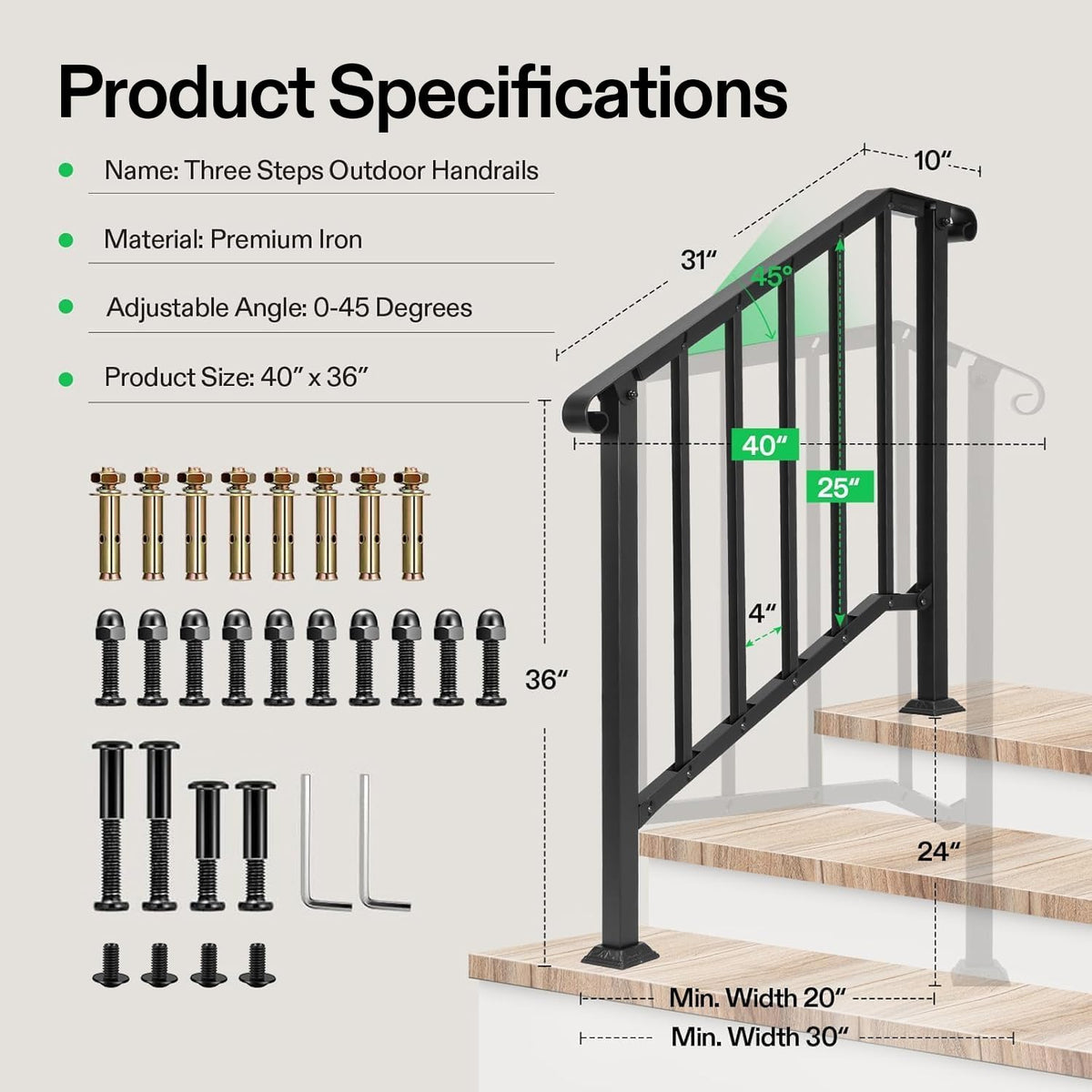 VIVOSUN stair railing showing curved ends for safe outdoor use