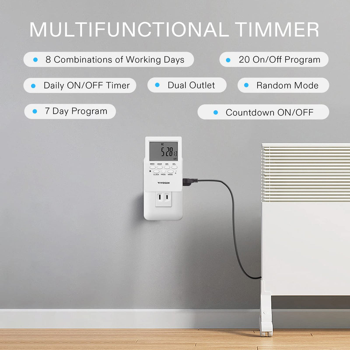 VIVOSUN timer outlet side-entry design for easy installation in tight spaces.