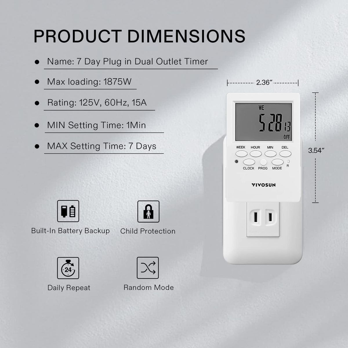 VIVOSUN timer outlet featuring two outlets for simultaneous device control.