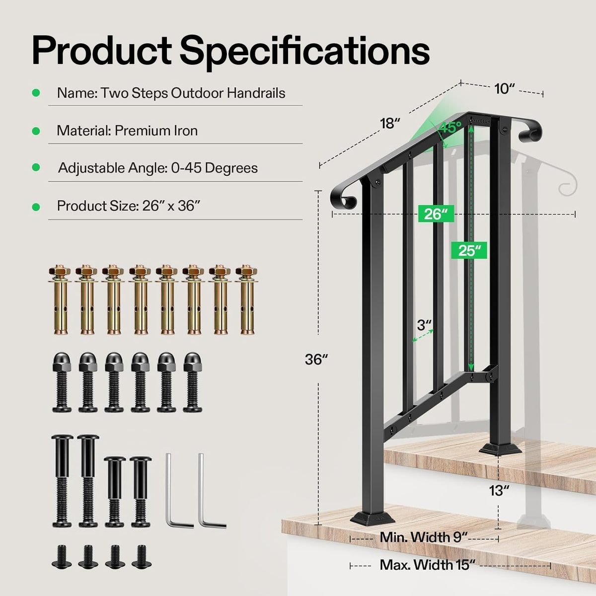 VIVOSUN versatile handrail fits porches, balconies, and concrete steps