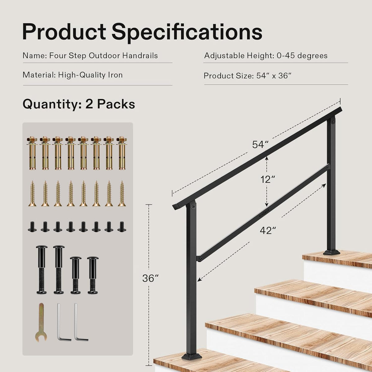 VIVOSUN wrought-iron stair handrail kit offers durable, long-lasting support.