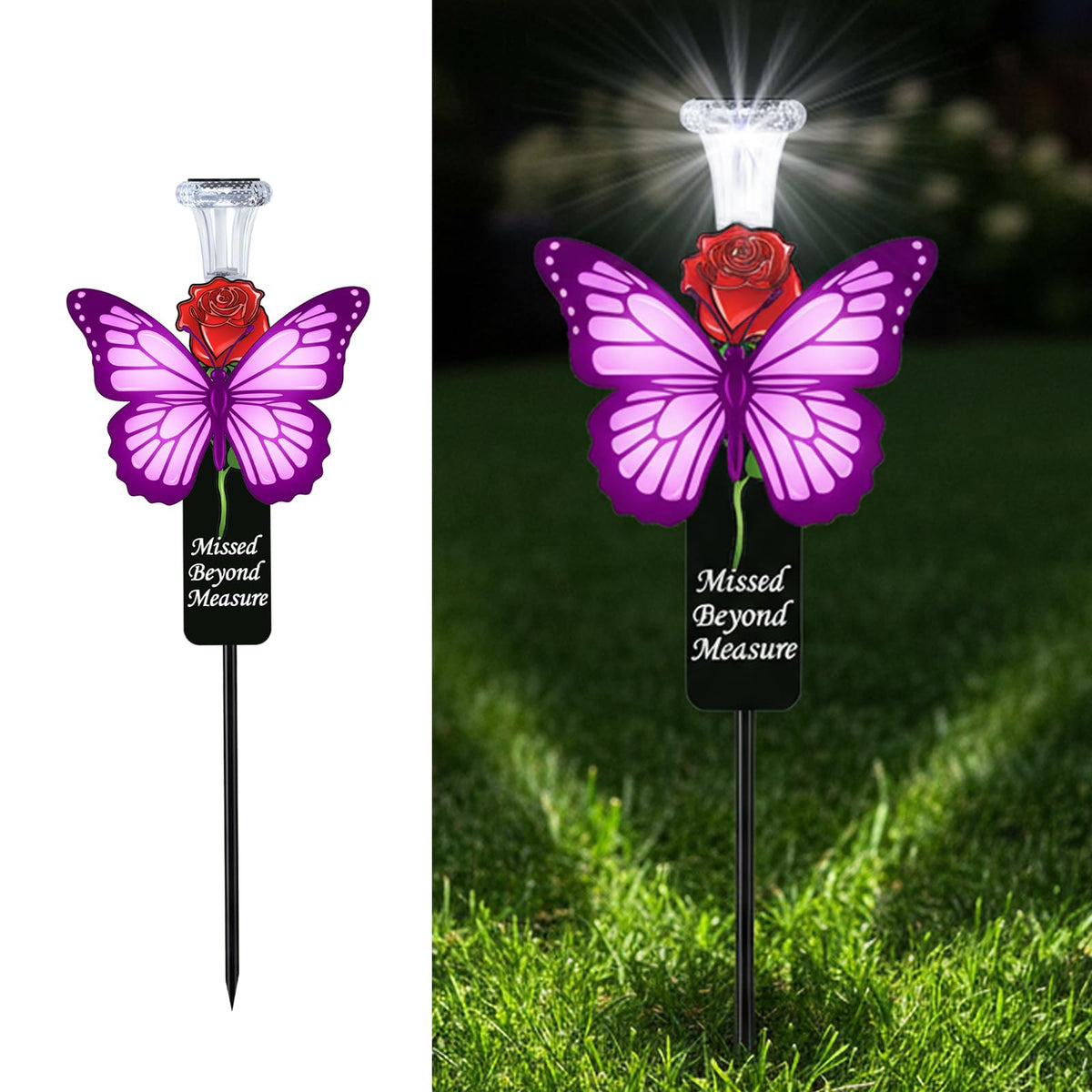 VKEVOC Solar Purple Butterfly Memorial Stake with a purple butterfly on a red rose, ideal for outdoor memorials.