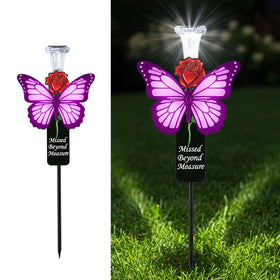 VKEVOC Solar Purple Butterfly Memorial Stake with a purple butterfly on a red rose, ideal for outdoor memorials.
