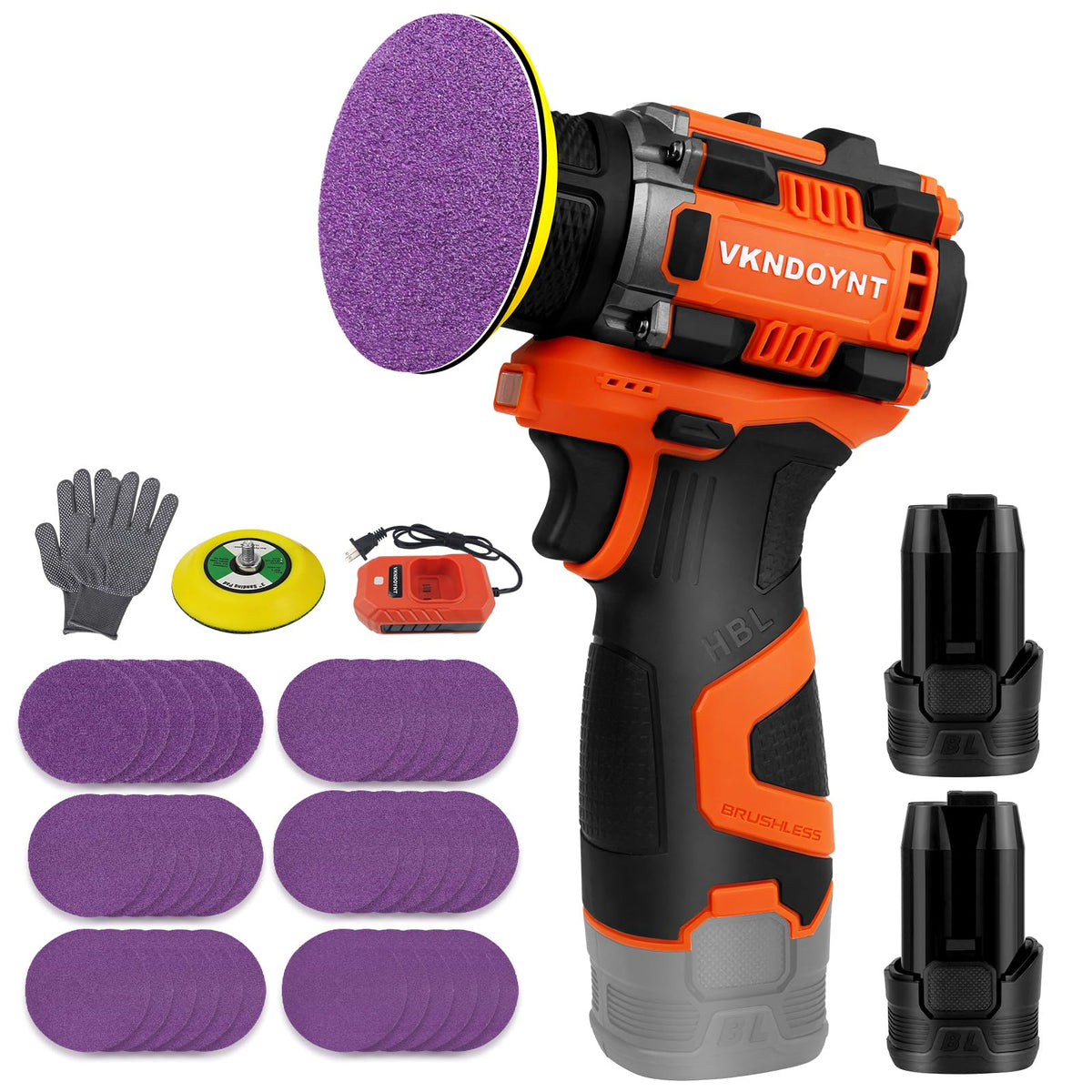 Vkndoynt brushless small sander front view showing compact, ergonomic grip for comfortable use.