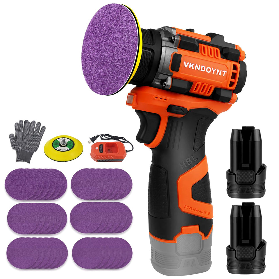 Vkndoynt brushless small sander front view showing compact, ergonomic grip for comfortable use.