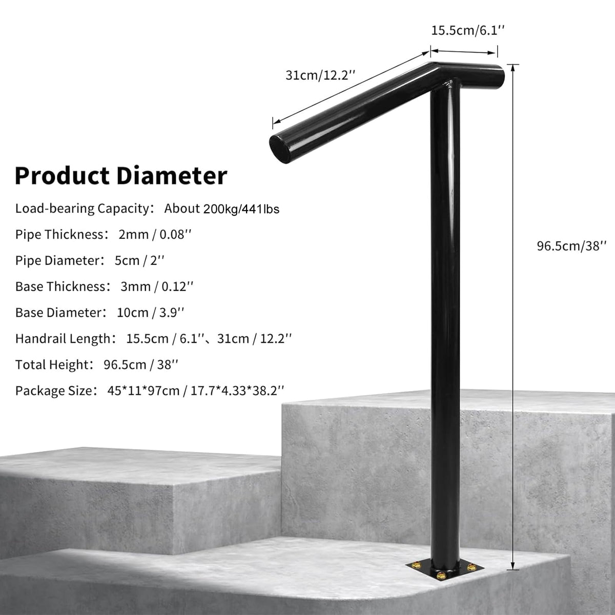 Vlaeng 38 inch outdoor stair rail in black finish for durable steps