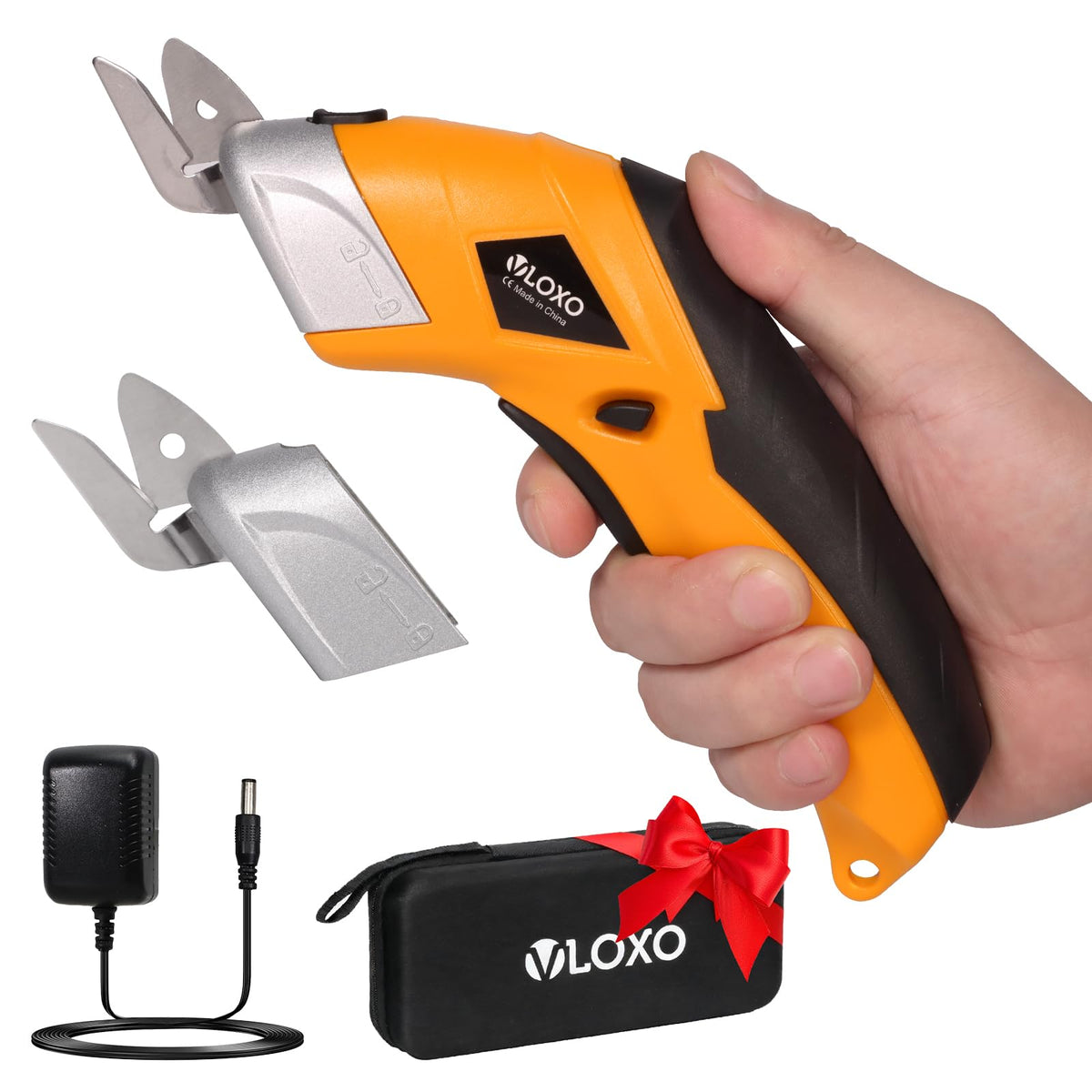 VLOXO CS4001 electric scissors cutting cardboard quickly for DIY projects.