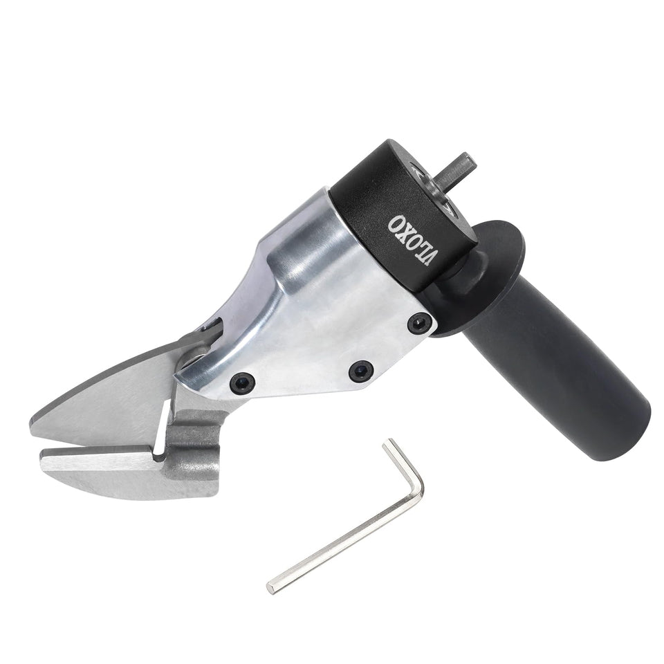 VLOXO metal shear drill attachment with 360° pivot handle for versatile cuts.