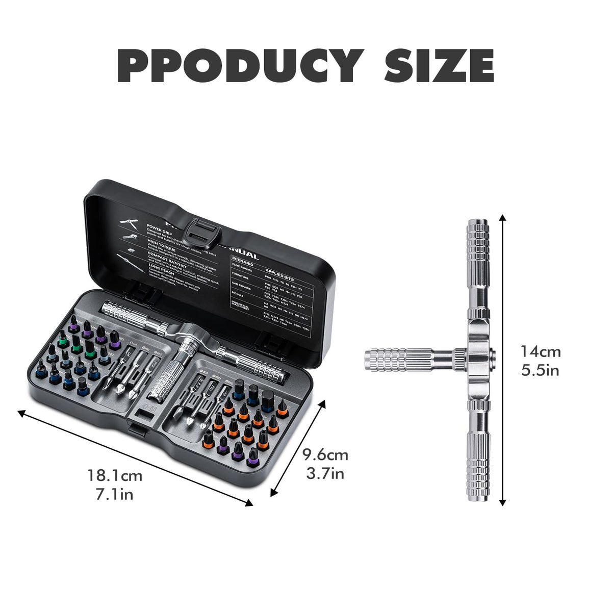 VMAN ratchet screwdriver set with 32 short-shank bits for tight spaces