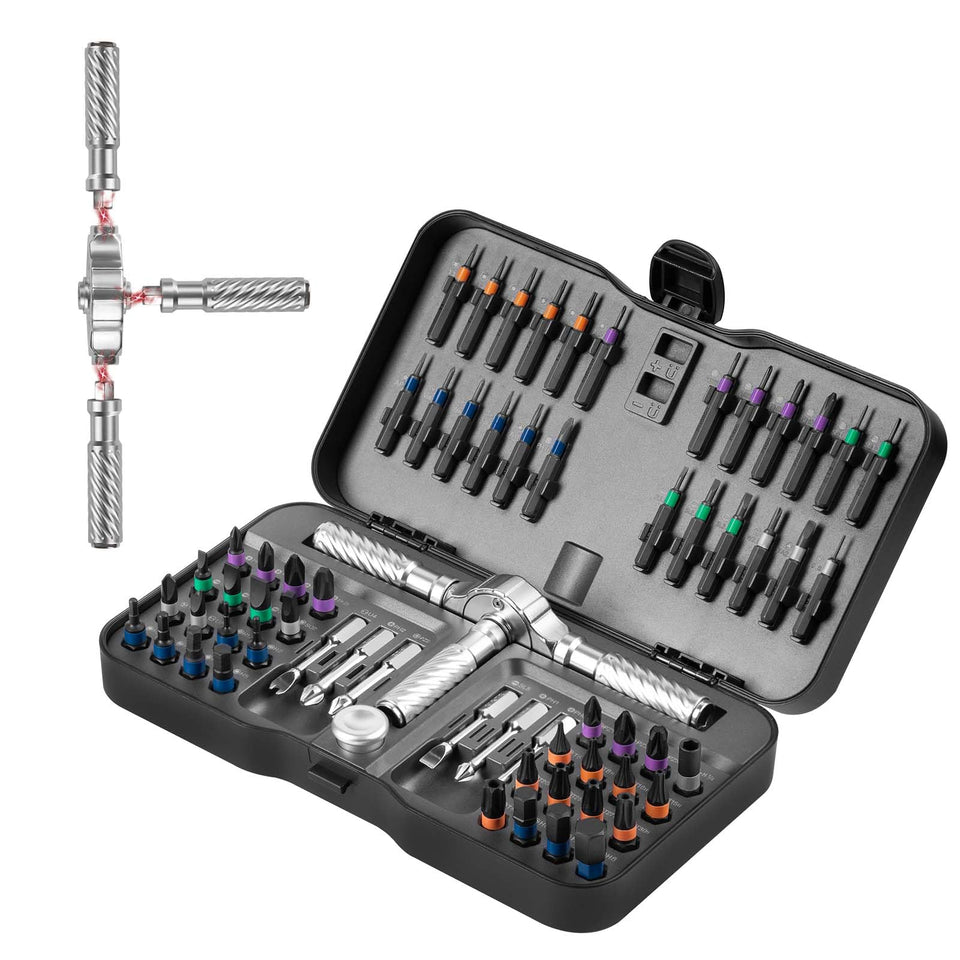 VMAN ratchet screwdriver set top view shows organized bits for quick assembly