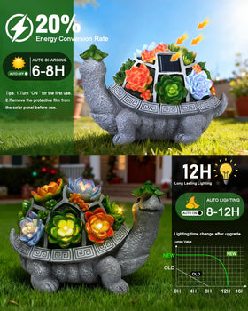 VMANYFIRE turtle garden ornament with LED succulents adds life.