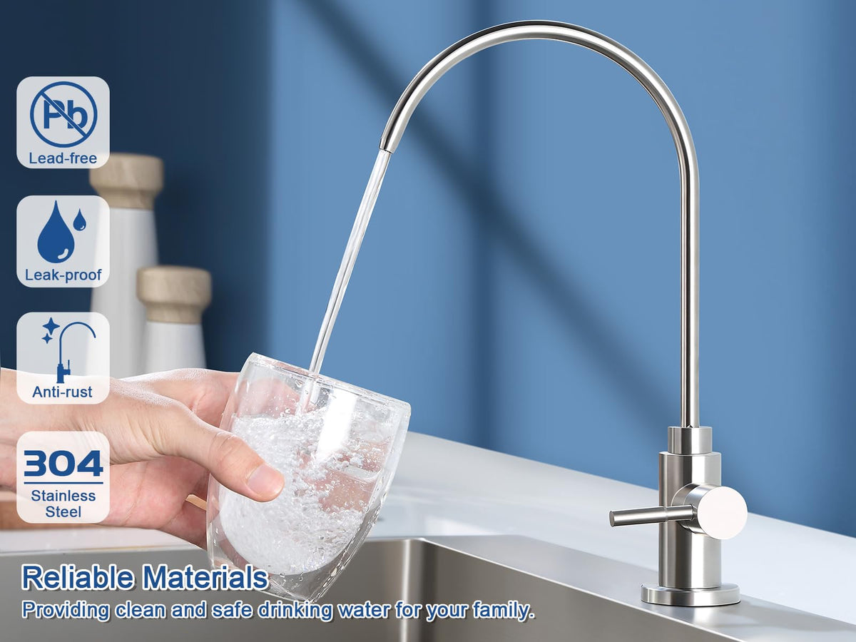VMASSTONE RO faucet with extended base and adapters for varied sink installations.
