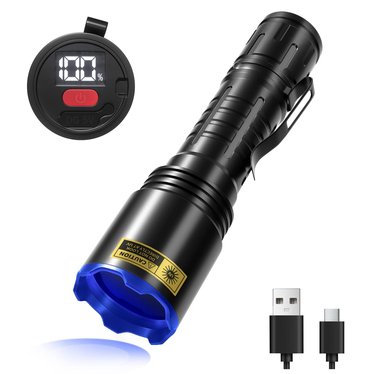 VMTENMV 365nm UV flashlight reveals hidden markings with blue-violet glow.