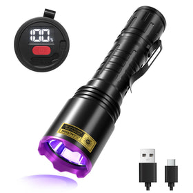 VMTENMV 395nm UV flashlight front view highlights hidden pet urine stains for easy cleanup