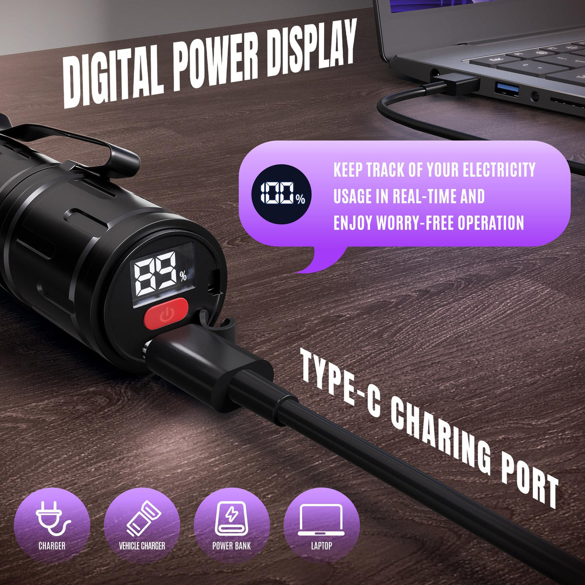 VMTENMV 395nm UV flashlight LCD display guides battery life during tasks